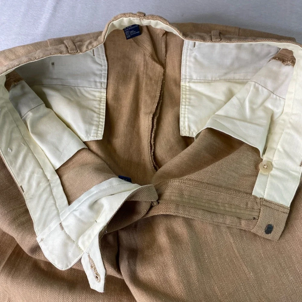 Polo Ralph Lauren Pants Men 36x32 (Fits) Herringbone Pleated Cuffed Linen Cotton